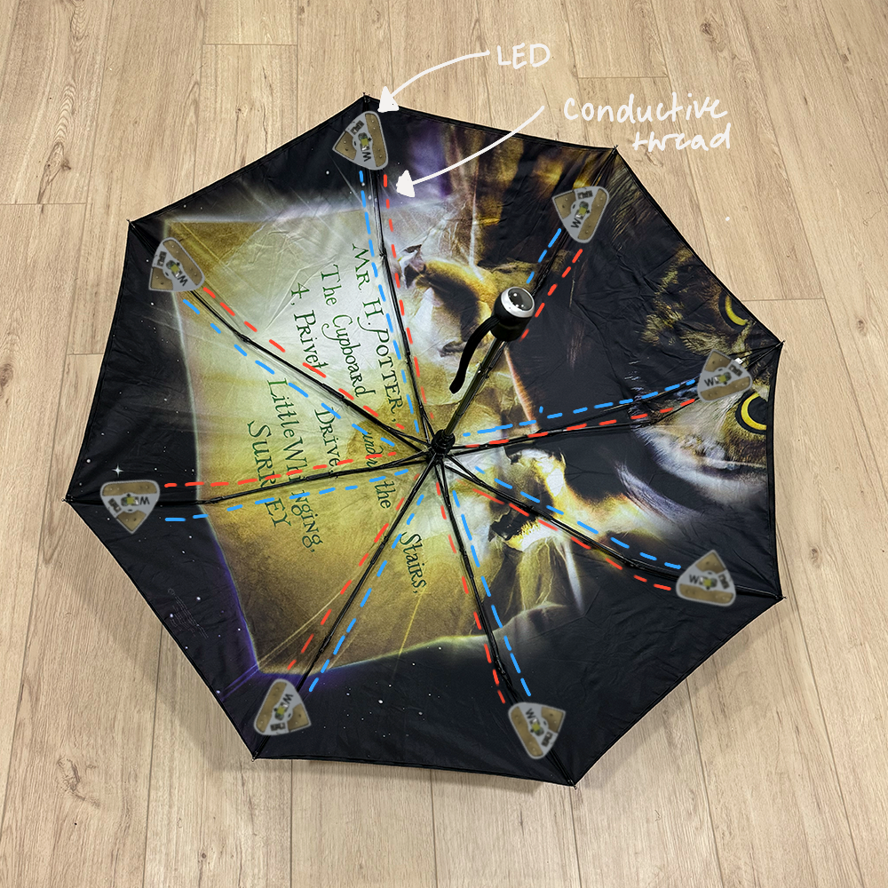 In this first annotation it shows the number and placement of leds for the umbrella. Additionally the dotted lines are meant to represent conductive thread.