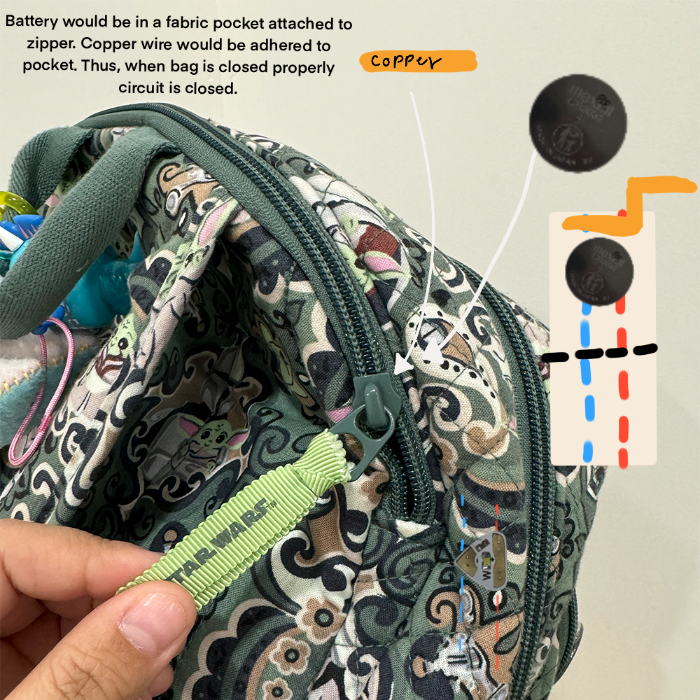 This is the annotated photo of the circuit. My goal is to have the led turn on when the backpack is properly closed as occasionally I have been told my bag zipper has been wide open.