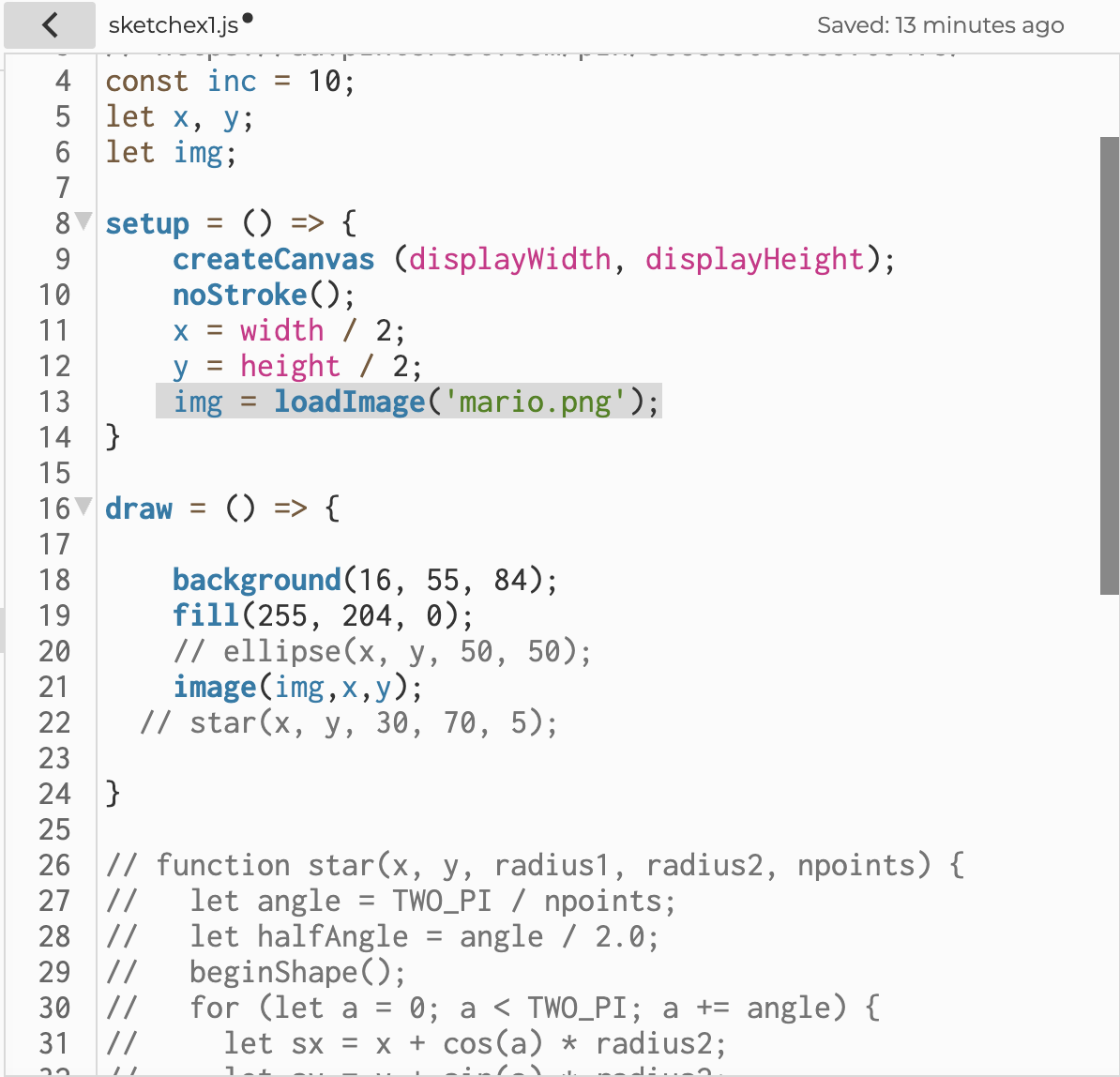 This is an image of the code for the mario png where I learned how to load an image in P5js from a Code Train video.