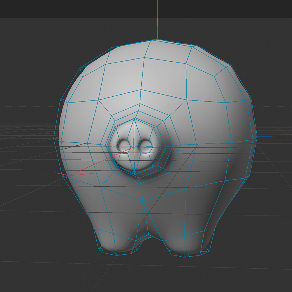 For the nose I utilized similar skills that were learnt while creating the feet. Additionally I was introduced to both the ironing and beveling tools that helped me refine selections. Finally, the nostrils were inset and then mirrored into the other axis.