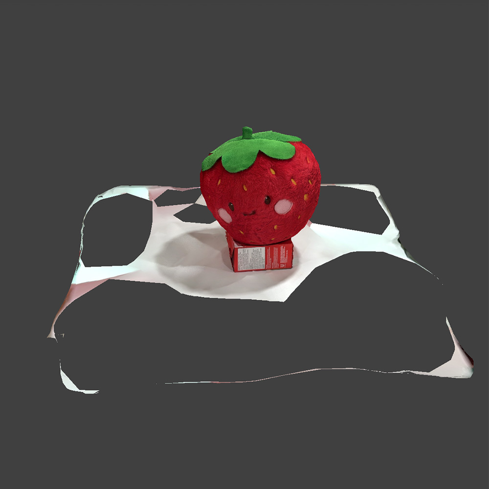Initial scaniverse scan of a stuffed strawberry before edit inside meshmixer.