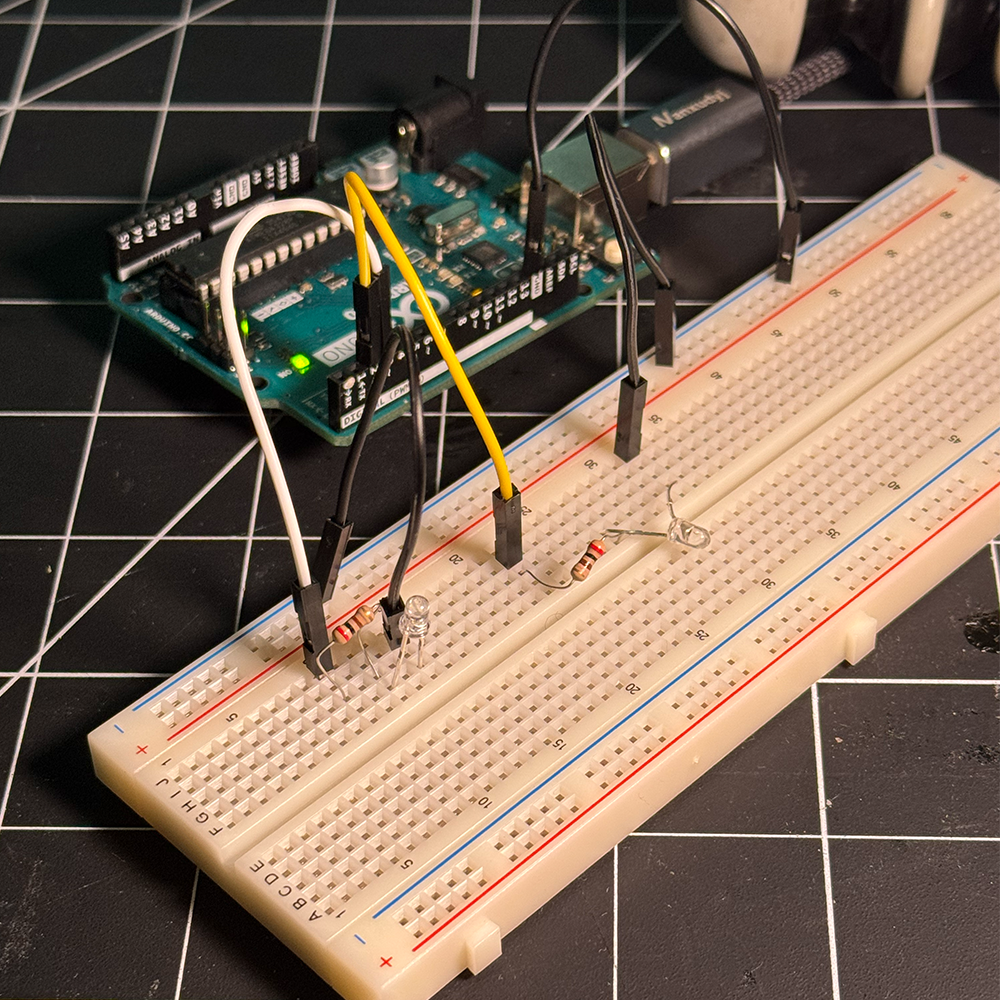 In this image we added an additional LED to the circuit and edited the code to have them both blink on and off at the same time.