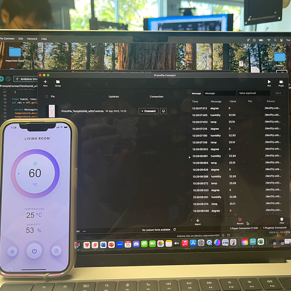 To ensure that the Arduino data would be recieved in ProtoPie we had to ensure that the correct port and baud rate were selected on Arduino IDE. Additionally, to ensure that the changes in the serial monitor were reflected in ProtoPie we had to upload and verifty the code before proceeding.