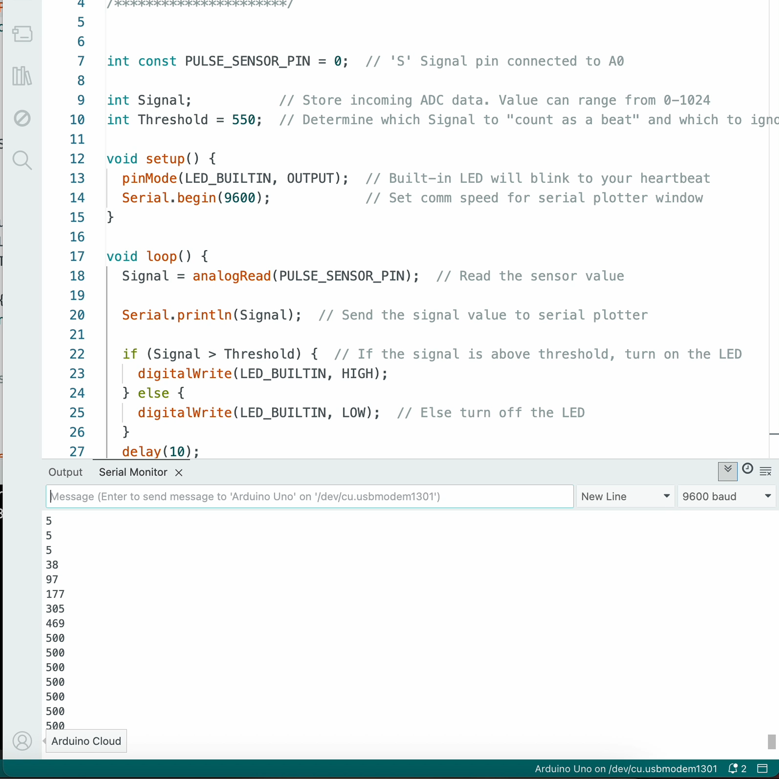 During peer feedback Abby and I were informed that another group was successfull in getting their pulse sensor to work by getting help from Gunes. We first tried to reconfigure the code to match theird but were still given incorrect values.
