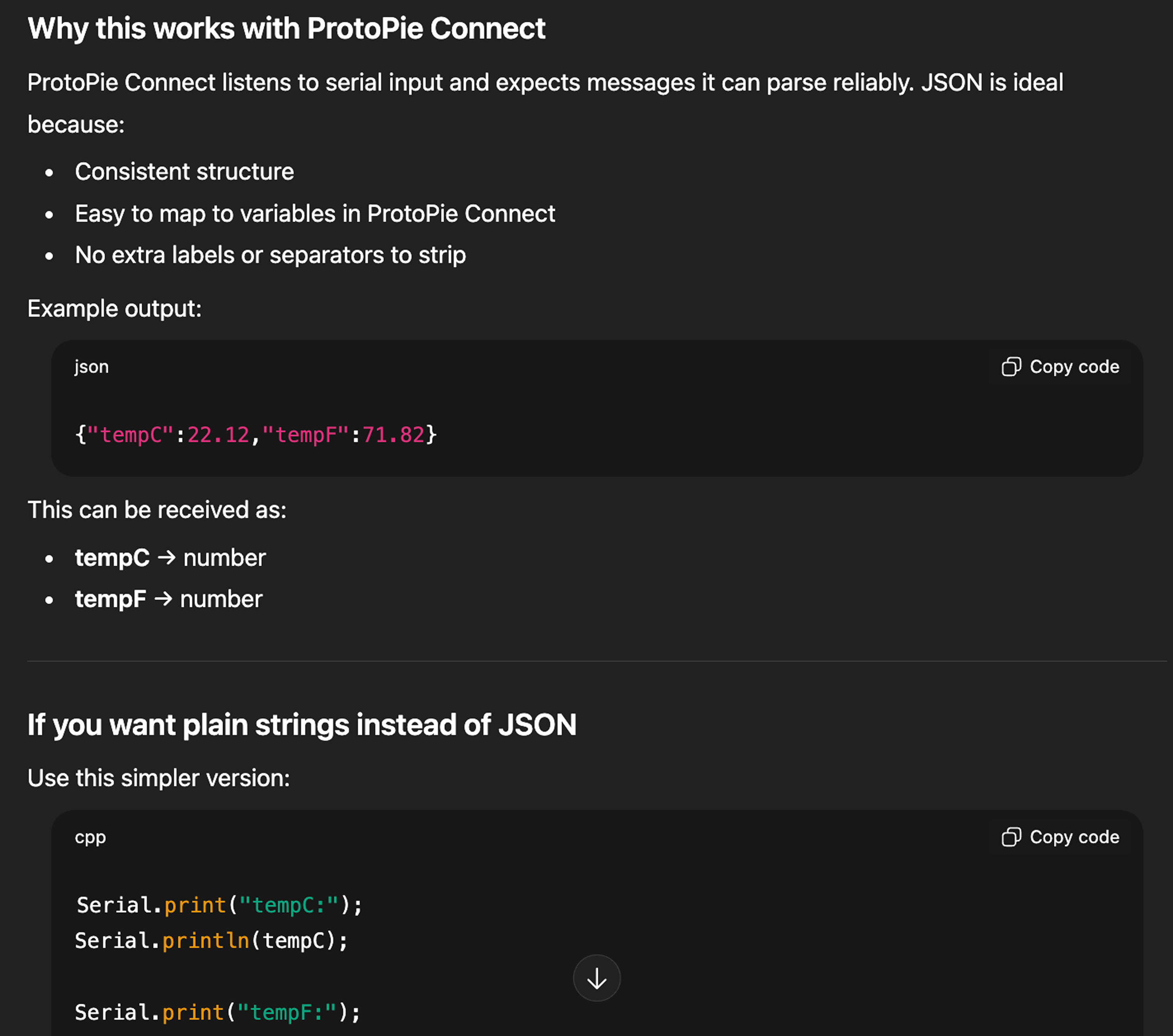 This is an image of the explanation ChatGPT gave on how to send serial data from Arduino to ProtoPie using the Serial.print function.