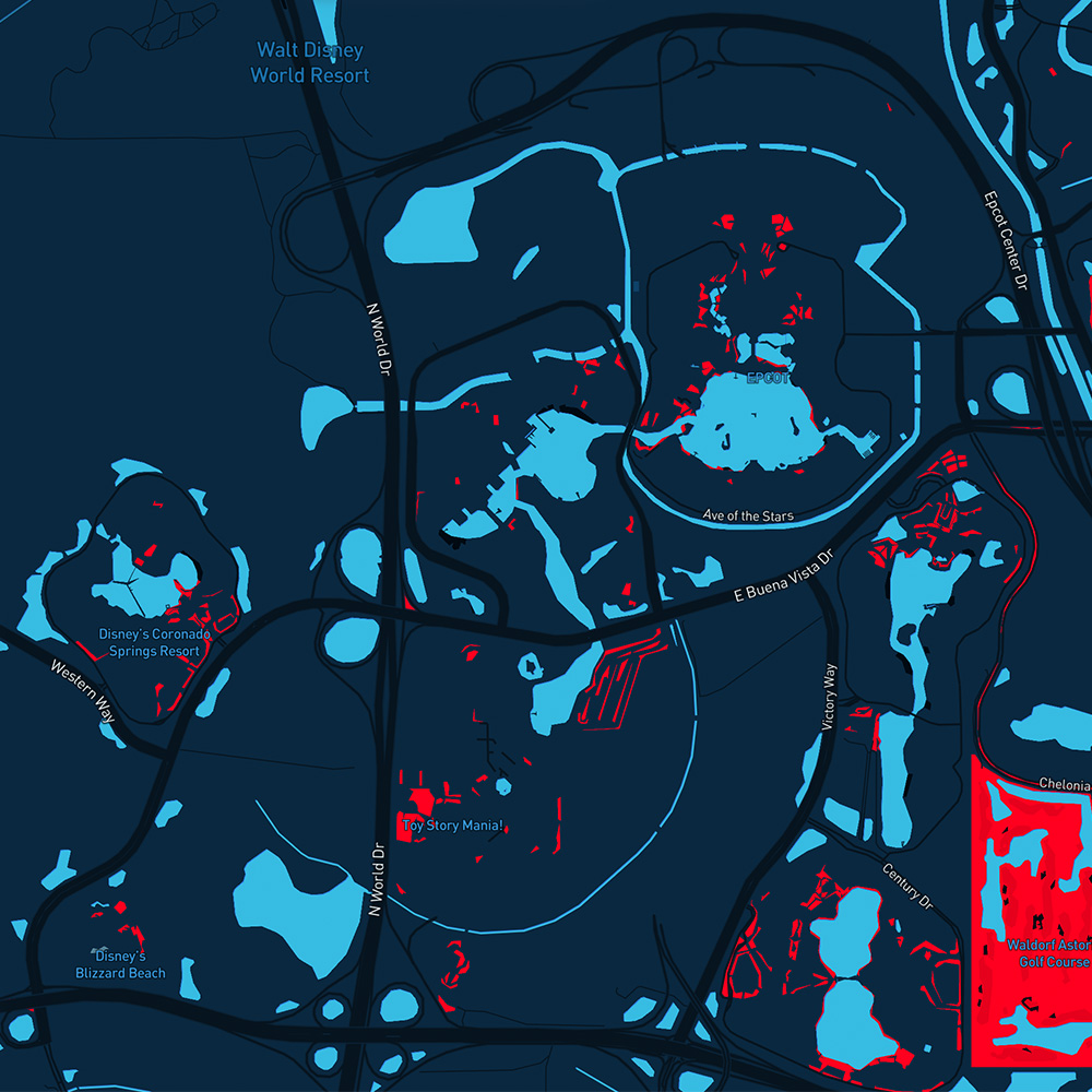 Mapbox Cartogram of Central Florida specifically over the Walt Disney World Parks of Hollywood studios and EPCOT. 